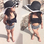 Biquíni de Menina Bonito com Estampa de Listras, Triângulo e Laço, Roupa de Banho Princesa Orgulhosa para Praia, 70, 80, 90, 100, 110