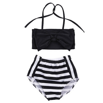 Biquíni de Menina Bonito com Estampa de Listras, Triângulo e Laço, Roupa de Banho Princesa Orgulhosa para Praia, 70, 80, 90, 100, 110
