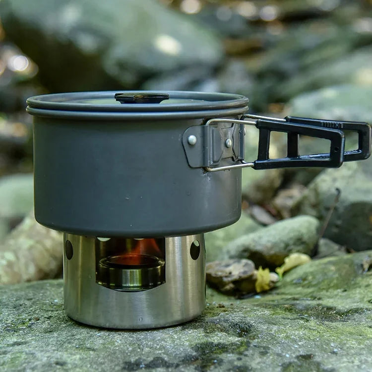Fogão de Piquenique de Exterior em Aço Inoxidável Mini Fogão Portátil a Álcool com Tampa