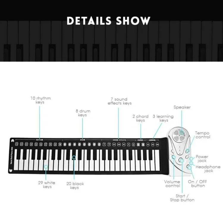 Piano Portátil de 49 Teclas Enrolado à Mão com Trompete para Crianças Iniciantes Praticarem, Piano Enrolado à Mão de 49 Teclas