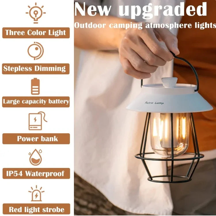 Luzes penduradas para campismo ao ar livre, iluminação para tendas, luzes de ambiente, pega preta, pega branca