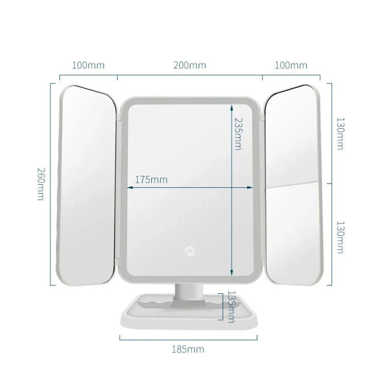Espelho de Maquilhagem LED Simples e Estiloso Três Dobras Quadrado, Lâmpada Monocromática Ligada à Tomada, Modelo de Lâmpada Monocromática com Carregamento, Modelo de Carregamento com Luz Tricolor