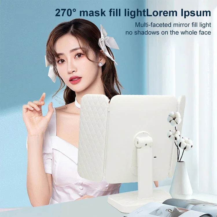 Espelho de Maquilhagem LED Simples e Estiloso Três Dobras Quadrado, Lâmpada Monocromática Ligada à Tomada, Modelo de Lâmpada Monocromática com Carregamento, Modelo de Carregamento com Luz Tricolor