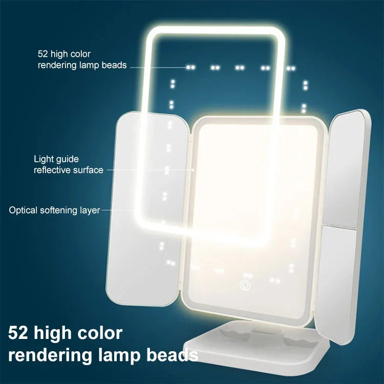 Espelho de Maquilhagem LED Simples e Estiloso Três Dobras Quadrado, Lâmpada Monocromática Ligada à Tomada, Modelo de Lâmpada Monocromática com Carregamento, Modelo de Carregamento com Luz Tricolor