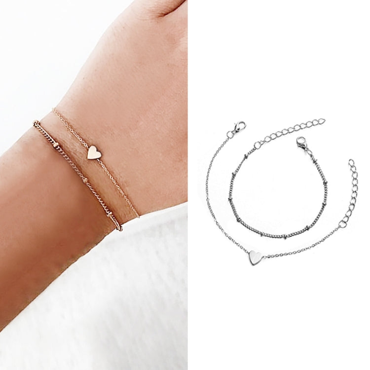 2 Conjuntos de Pulseiras Femininas Minimalistas com Pequena Corrente de Elos em Forma de Coração, dourado, prateado