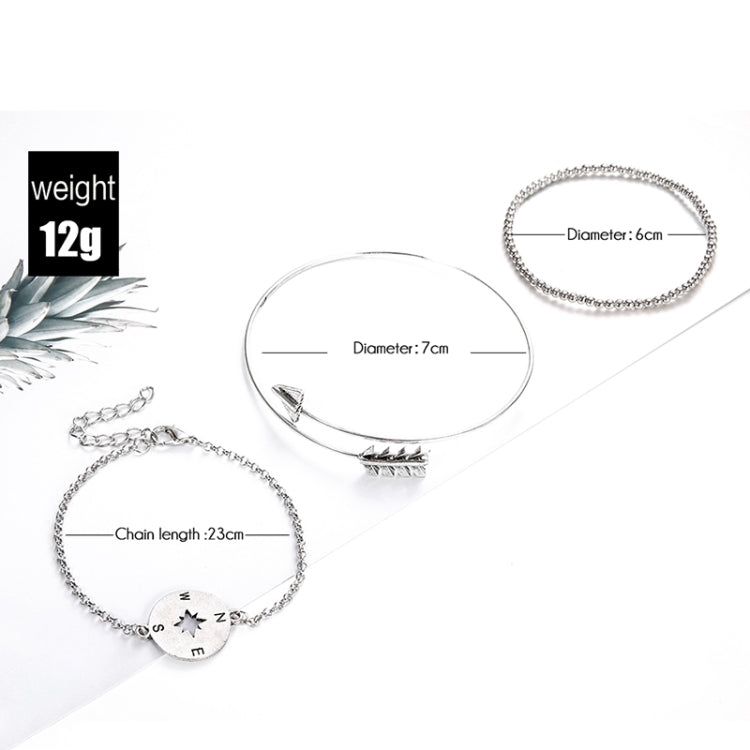 Conjunto de 3 Peças de Corrente com Contas de Bússola Oca Boémia Prateada para Mulheres