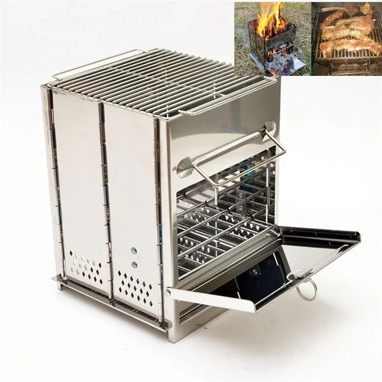 Fogão Dobrável Portátil para Churrasco em Aço Inoxidável, Grelhador de Carvão para Camping ao Ar Livre, Fogão de Madeira, 21x21x27cm