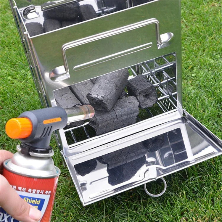 Fogão Dobrável Portátil para Churrasco em Aço Inoxidável, Grelhador de Carvão para Camping ao Ar Livre, Fogão de Madeira, 21x21x27cm