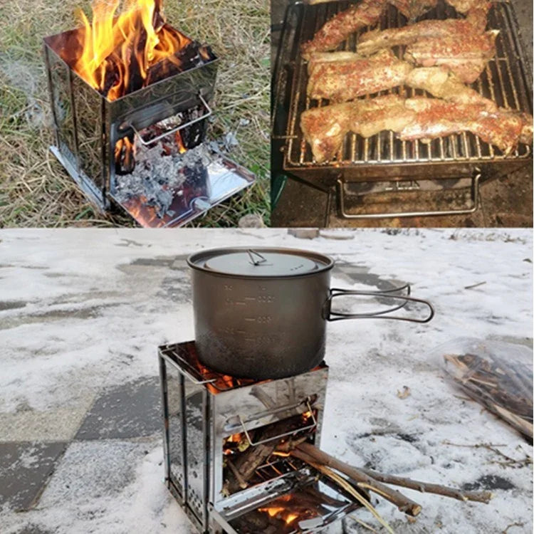 Fogão Dobrável Portátil para Churrasco em Aço Inoxidável, Grelhador de Carvão para Camping ao Ar Livre, Fogão de Madeira, 21x21x27cm