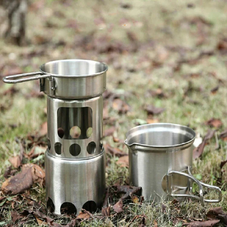 Fogão Portátil de Aço Inoxidável à Prova de Vento para Campismo, Conjunto de Fogão para Assar, Fogão a Lenha, Conjunto de Fogão + Fogão a Lenha