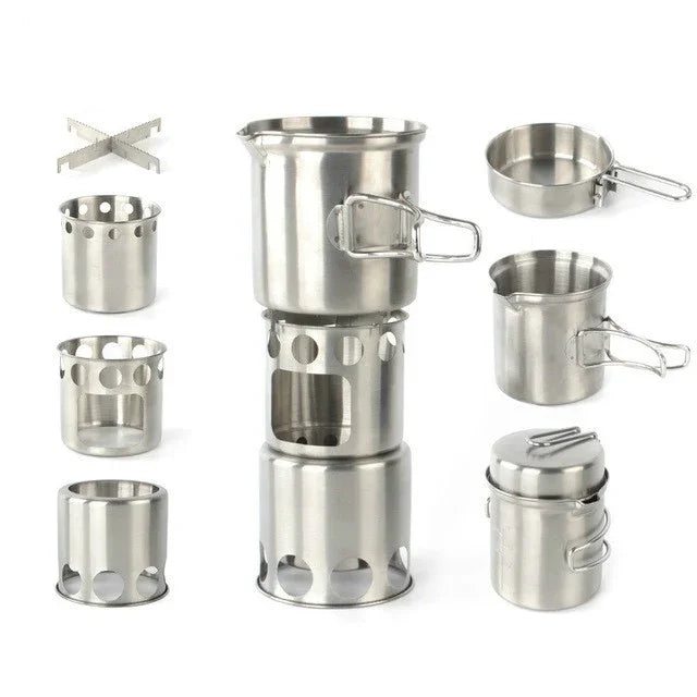Fogão Portátil de Aço Inoxidável à Prova de Vento para Campismo, Conjunto de Fogão para Assar, Fogão a Lenha, Conjunto de Fogão + Fogão a Lenha