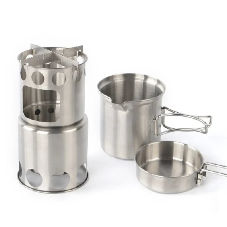 Fogão Portátil de Aço Inoxidável à Prova de Vento para Campismo, Conjunto de Fogão para Assar, Fogão a Lenha, Conjunto de Fogão + Fogão a Lenha