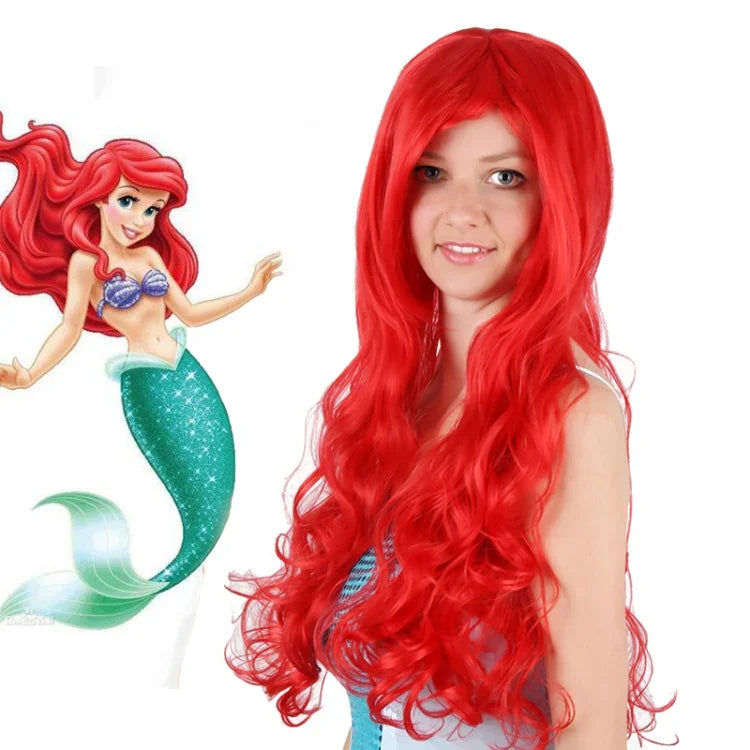 Peruca Cosplay Anime A Pequena Sereia Princesa Ariel Peruca de Halloween Festa Palco Cabelo Sintético Vermelho Encaracolado