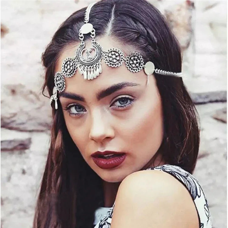 Joalharia de Cabelo Vintage Prateada com Borla Moeda de Metal Bandolete Corrente Punk Longa Peça de Cabeça na Testa