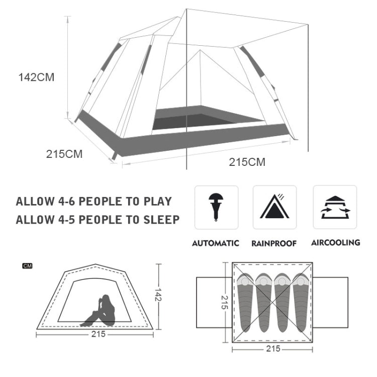 Tenda de Campismo Automática para 3-4 Pessoas, à Prova de Chuva, Espessada, de Praia, Abertura Rápida em Quatro Lados, Vinil Automático, Vinil Grande Melhorado