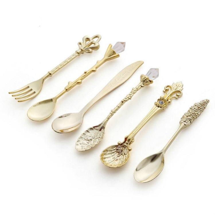6 peças / conjunto de colheres mini vintage para café, estilo real, talheres metálicos gravados para café, fruta, sobremesa, ferramentas de cozinha, dourado, bronze vermelho, bronze antigo (com garfo vermelho), bronze antigo (com garfo antigo), prata
