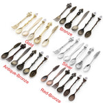 6 peças / conjunto de colheres mini vintage para café, estilo real, talheres metálicos gravados para café, fruta, sobremesa, ferramentas de cozinha, dourado, bronze vermelho, bronze antigo (com garfo vermelho), bronze antigo (com garfo antigo), prata