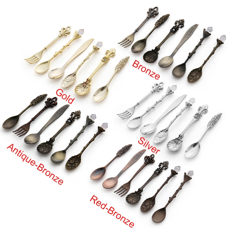 6 peças / conjunto de colheres mini vintage para café, estilo real, talheres metálicos gravados para café, fruta, sobremesa, ferramentas de cozinha, dourado, bronze vermelho, bronze antigo (com garfo vermelho), bronze antigo (com garfo antigo), prata