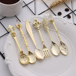 6 peças / conjunto de colheres mini vintage para café, estilo real, talheres metálicos gravados para café, fruta, sobremesa, ferramentas de cozinha, dourado, bronze vermelho, bronze antigo (com garfo vermelho), bronze antigo (com garfo antigo), prata
