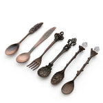 6 peças / conjunto de colheres mini vintage para café, estilo real, talheres metálicos gravados para café, fruta, sobremesa, ferramentas de cozinha, dourado, bronze vermelho, bronze antigo (com garfo vermelho), bronze antigo (com garfo antigo), prata