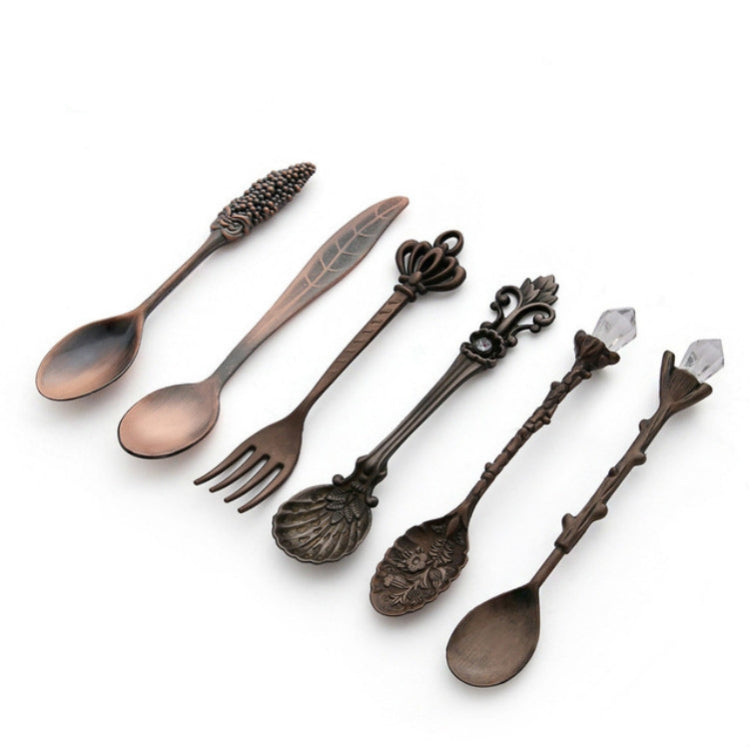 6 peças / conjunto de colheres mini vintage para café, estilo real, talheres metálicos gravados para café, fruta, sobremesa, ferramentas de cozinha, dourado, bronze vermelho, bronze antigo (com garfo vermelho), bronze antigo (com garfo antigo), prata