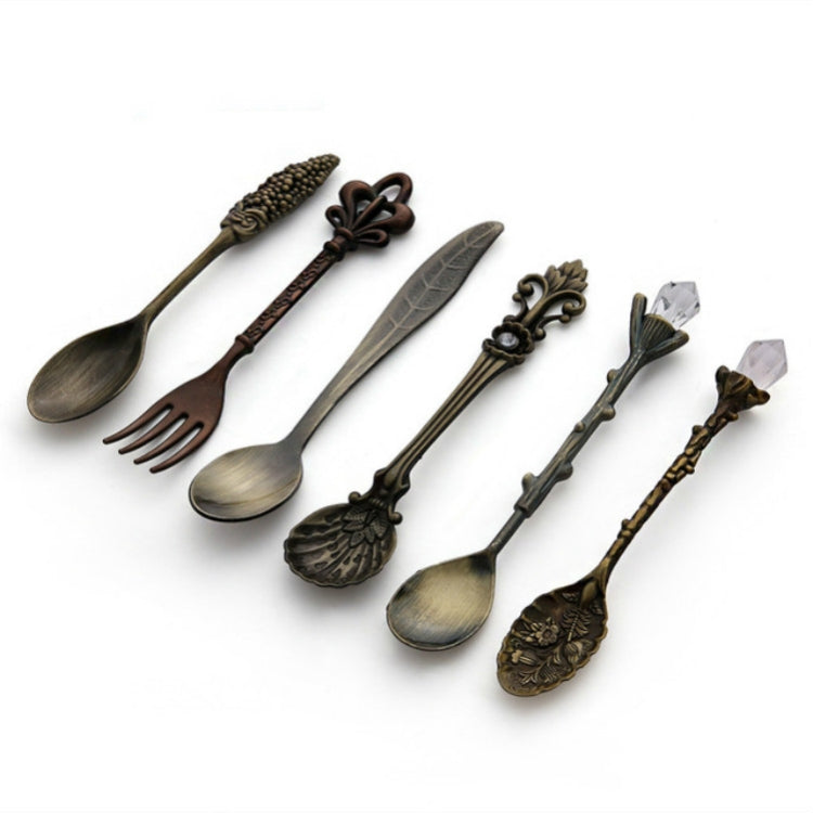 6 peças / conjunto de colheres mini vintage para café, estilo real, talheres metálicos gravados para café, fruta, sobremesa, ferramentas de cozinha, dourado, bronze vermelho, bronze antigo (com garfo vermelho), bronze antigo (com garfo antigo), prata