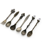 6 peças / conjunto de colheres mini vintage para café, estilo real, talheres metálicos gravados para café, fruta, sobremesa, ferramentas de cozinha, dourado, bronze vermelho, bronze antigo (com garfo vermelho), bronze antigo (com garfo antigo), prata
