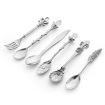 6 peças / conjunto de colheres mini vintage para café, estilo real, talheres metálicos gravados para café, fruta, sobremesa, ferramentas de cozinha, dourado, bronze vermelho, bronze antigo (com garfo vermelho), bronze antigo (com garfo antigo), prata