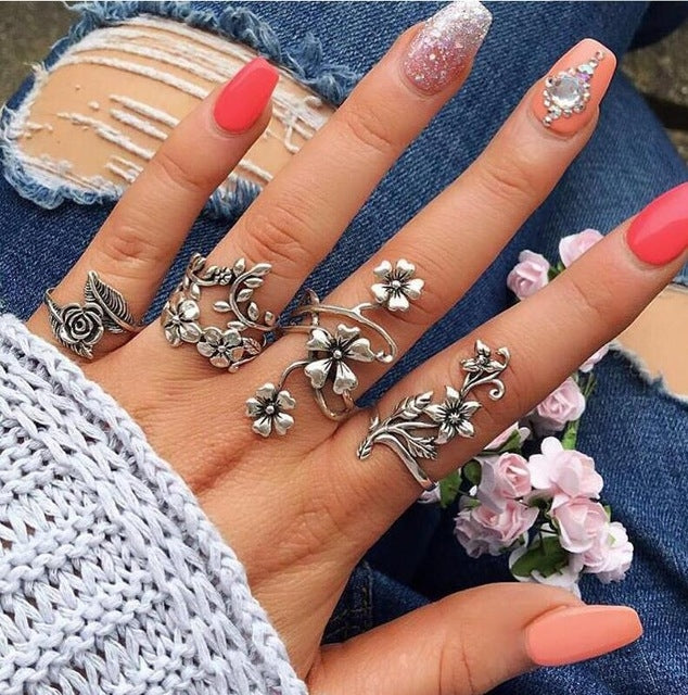 Conjunto de 4 anéis vintage estilo Boémia com flor de rosa para mulher