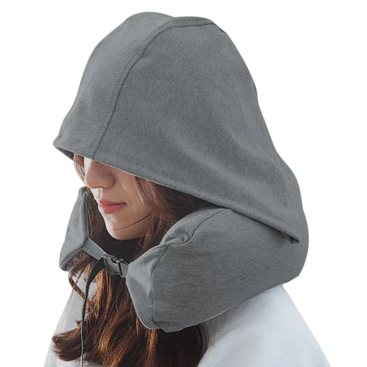 Almofada Portátil em Forma de U com Capuz para Viagem de Avião, Almofada para Pescoço para Sesta