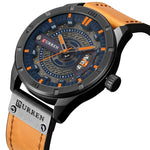Relógio Desportivo Militar Masculino CURREN M8301 Quartz com Data, Pulseira de Couro, caixa preta laranja, caixa preta vermelha, caixa preta mostrador preto pulseira castanha escura, caixa preta mostrador cinza pulseira castanha clara, caixa preta azul