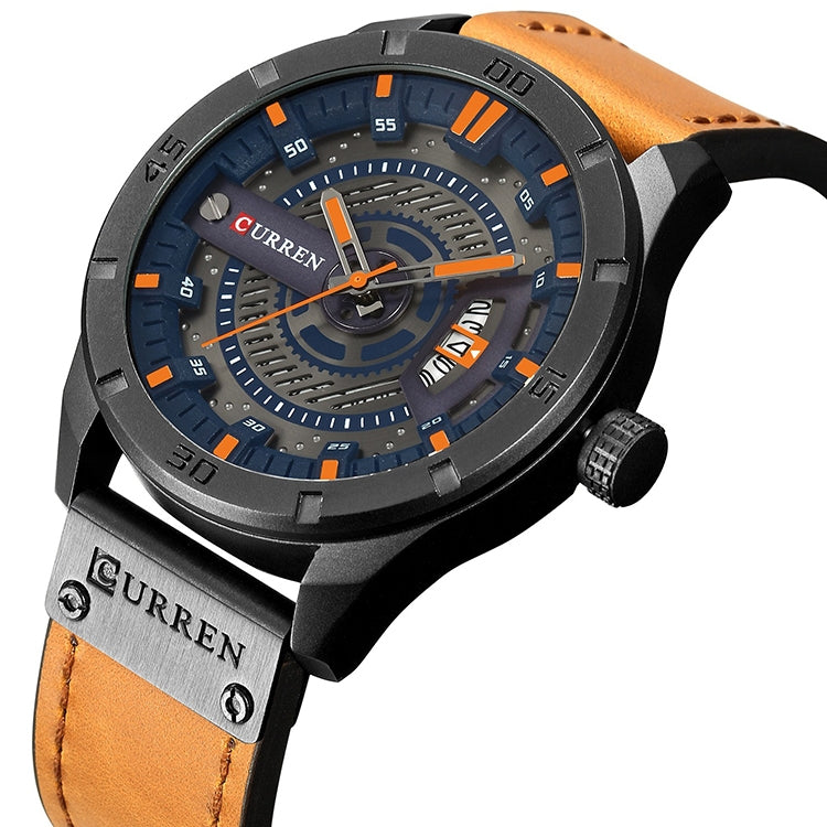 Relógio Desportivo Militar Masculino CURREN M8301 Quartz com Data, Pulseira de Couro, caixa preta laranja, caixa preta vermelha, caixa preta mostrador preto pulseira castanha escura, caixa preta mostrador cinza pulseira castanha clara, caixa preta azul