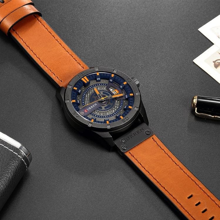 Relógio Desportivo Militar Masculino CURREN M8301 Quartz com Data, Pulseira de Couro, caixa preta laranja, caixa preta vermelha, caixa preta mostrador preto pulseira castanha escura, caixa preta mostrador cinza pulseira castanha clara, caixa preta azul
