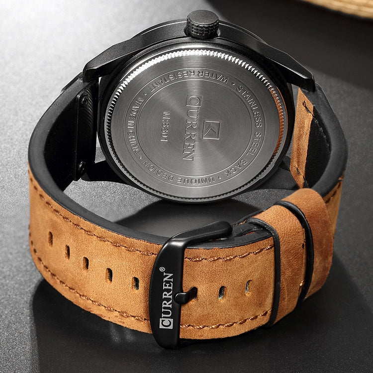 Relógio Desportivo Militar Masculino CURREN M8301 Quartz com Data, Pulseira de Couro, caixa preta laranja, caixa preta vermelha, caixa preta mostrador preto pulseira castanha escura, caixa preta mostrador cinza pulseira castanha clara, caixa preta azul