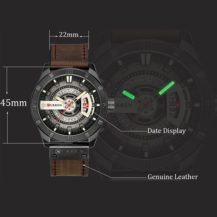 Relógio Desportivo Militar Masculino CURREN M8301 Quartz com Data, Pulseira de Couro, caixa preta laranja, caixa preta vermelha, caixa preta mostrador preto pulseira castanha escura, caixa preta mostrador cinza pulseira castanha clara, caixa preta azul