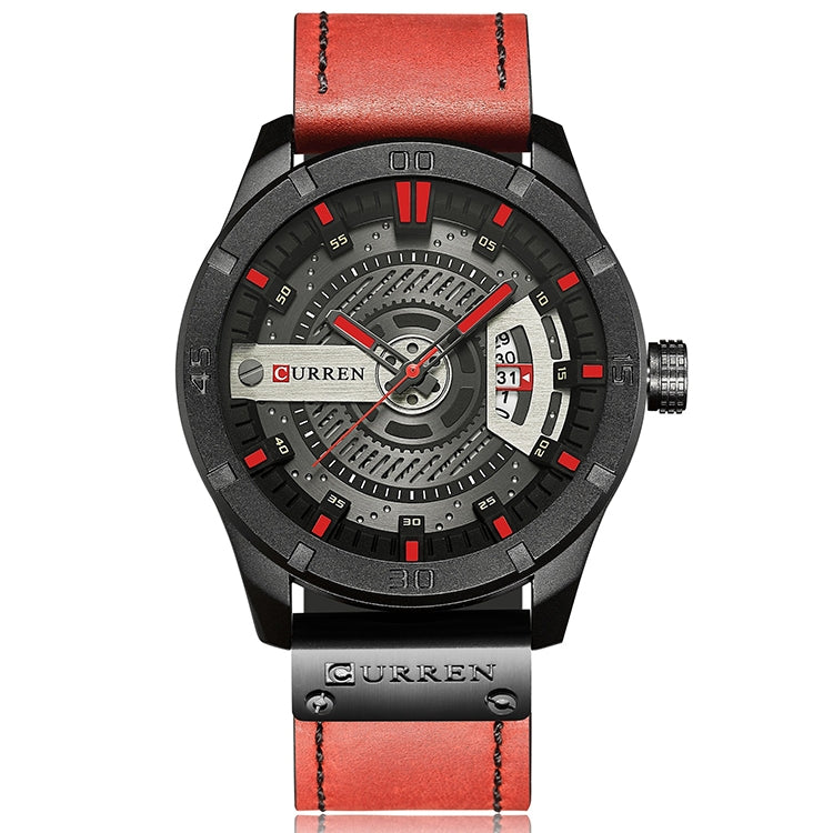 Relógio Desportivo Militar Masculino CURREN M8301 Quartz com Data, Pulseira de Couro, caixa preta laranja, caixa preta vermelha, caixa preta mostrador preto pulseira castanha escura, caixa preta mostrador cinza pulseira castanha clara, caixa preta azul