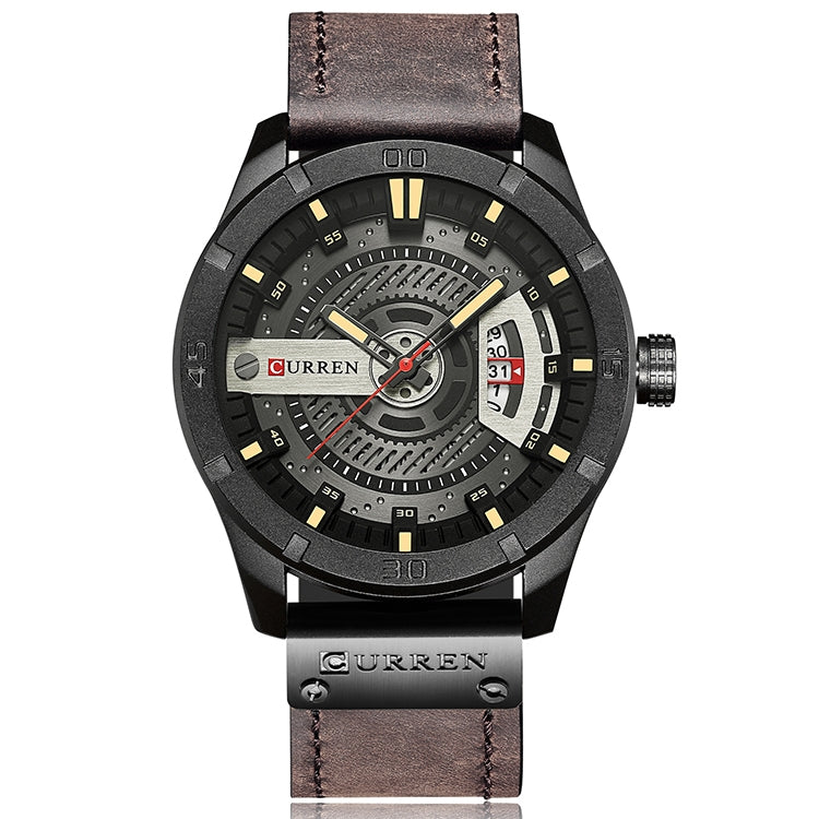 Relógio Desportivo Militar Masculino CURREN M8301 Quartz com Data, Pulseira de Couro, caixa preta laranja, caixa preta vermelha, caixa preta mostrador preto pulseira castanha escura, caixa preta mostrador cinza pulseira castanha clara, caixa preta azul