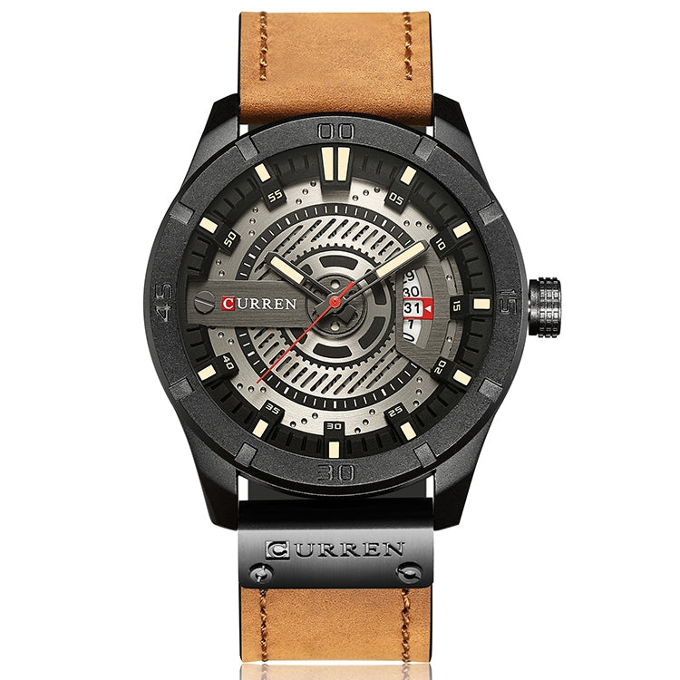 Relógio Desportivo Militar Masculino CURREN M8301 Quartz com Data, Pulseira de Couro, caixa preta laranja, caixa preta vermelha, caixa preta mostrador preto pulseira castanha escura, caixa preta mostrador cinza pulseira castanha clara, caixa preta azul