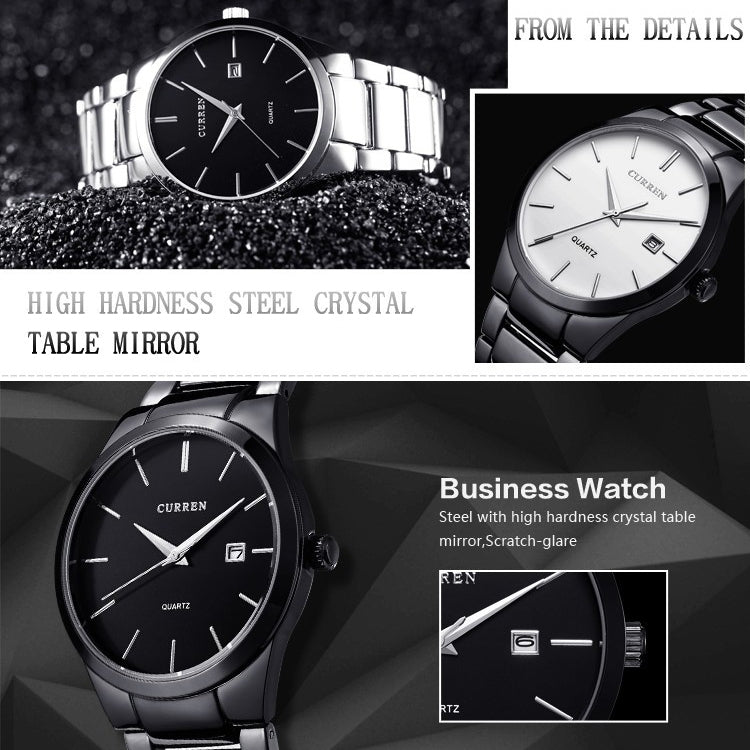 Relógio de Quartzo CURREN 8106 Fashion Business com Calendário, à prova de água, aço completo, caixa preta mostrador preto, caixa branca mostrador preto, caixa preta mostrador branco, caixa branca mostrador branco