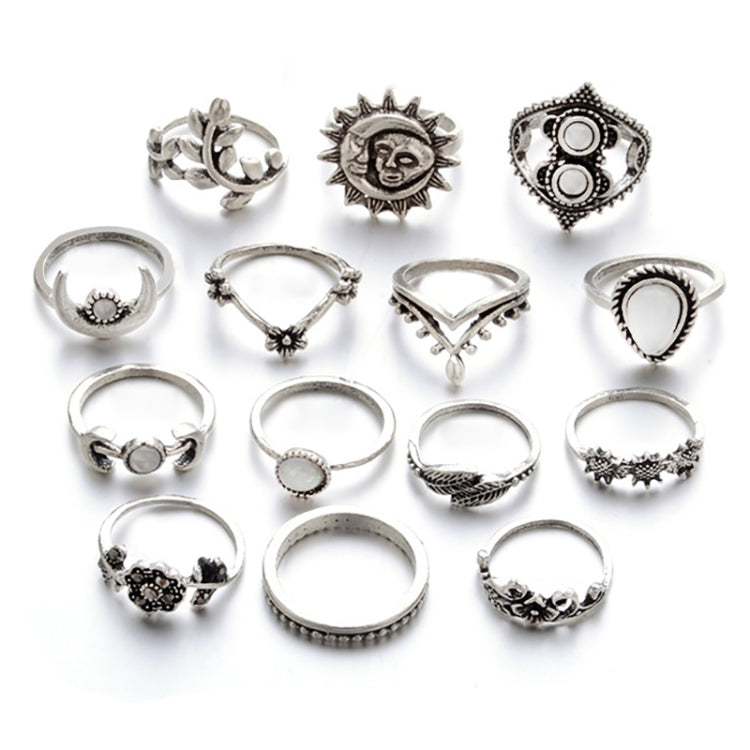 Conjunto de 14 Peças Anéis Punk Vintage Vazados com Diamante, Gota de Água, Flor e Lua