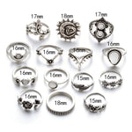 Conjunto de 14 Peças Anéis Punk Vintage Vazados com Diamante, Gota de Água, Flor e Lua