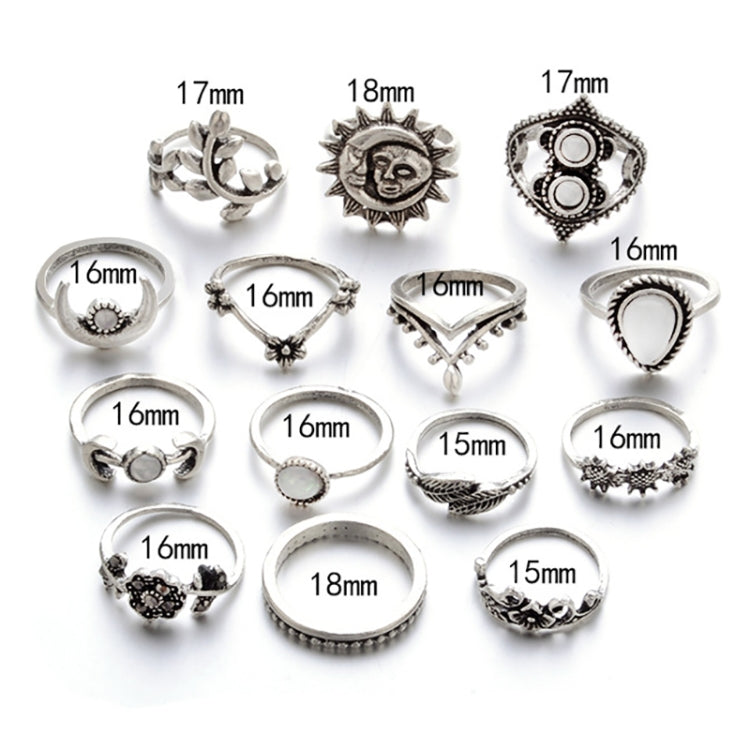 Conjunto de 14 Peças Anéis Punk Vintage Vazados com Diamante, Gota de Água, Flor e Lua