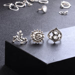 Conjunto de 14 Peças Anéis Punk Vintage Vazados com Diamante, Gota de Água, Flor e Lua