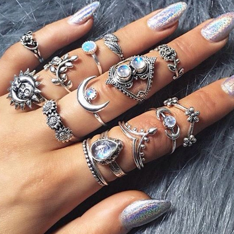 Conjunto de 14 Peças Anéis Punk Vintage Vazados com Diamante, Gota de Água, Flor e Lua