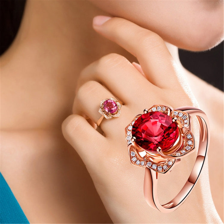 Anel feminino em forma de flor com turmalina vermelha e ouro rosa, tamanhos 6, 7, 8, 9, 10