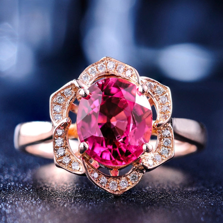 Anel feminino em forma de flor com turmalina vermelha e ouro rosa, tamanhos 6, 7, 8, 9, 10