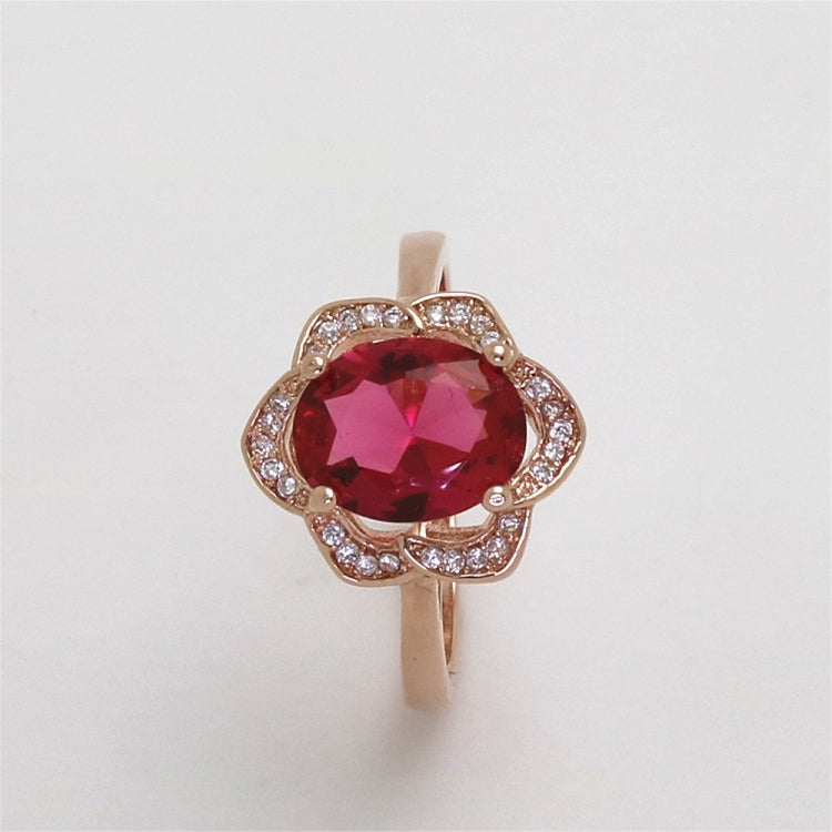 Anel feminino em forma de flor com turmalina vermelha e ouro rosa, tamanhos 6, 7, 8, 9, 10
