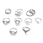 Conjunto de 11 Anéis Boémios Retro com Totens, Opala, Flor de Lótus, Cristal e Vazados
