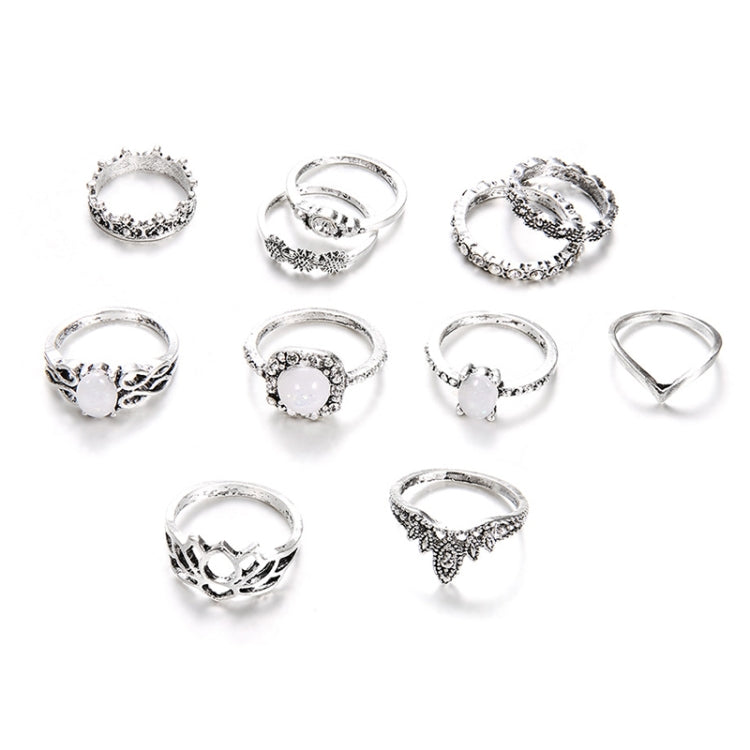 Conjunto de 11 Anéis Boémios Retro com Totens, Opala, Flor de Lótus, Cristal e Vazados