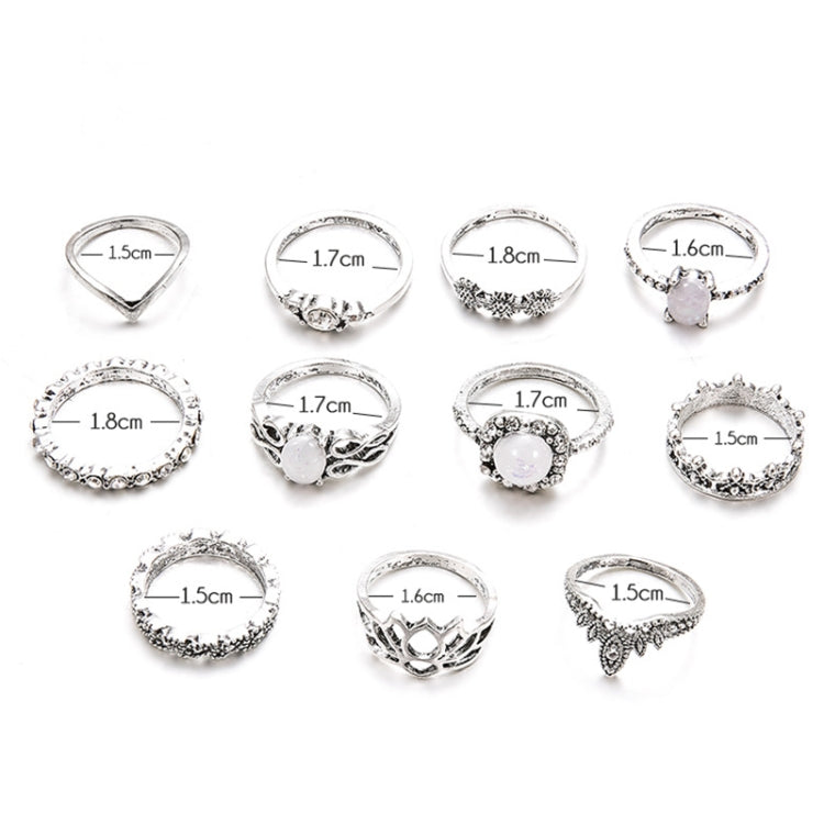 Conjunto de 11 Anéis Boémios Retro com Totens, Opala, Flor de Lótus, Cristal e Vazados